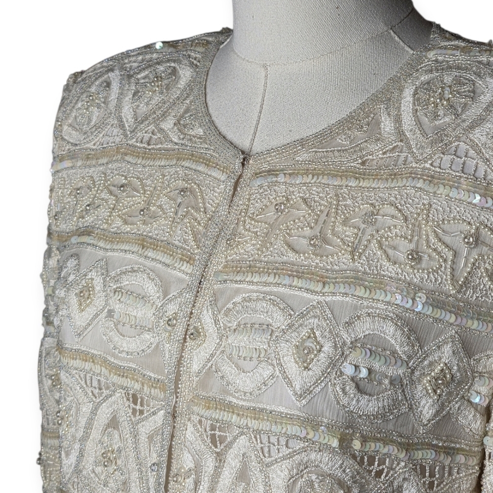 Vintage Scala Silk Beaded Sequin Jacket Ivory Small 80s 90s - Picture 3 of 15